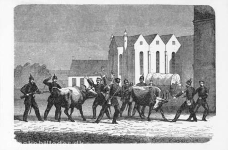 Fil:Preussiske soldater inddriver kvæg ved Domkirken. Set fra Mejlgade (Kunstner Hans Frederik Meyer Visby) 1864.jpg
