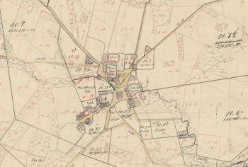 Udsnit af matrikelkort over Mårslet 1856-1884. Opmålt år 1790 af E. Wesenberg, tegnet af Braadan, prøvet af Sørensen, omtegnet år 1856 af Hummel. Kilde: historiskekort.dk
